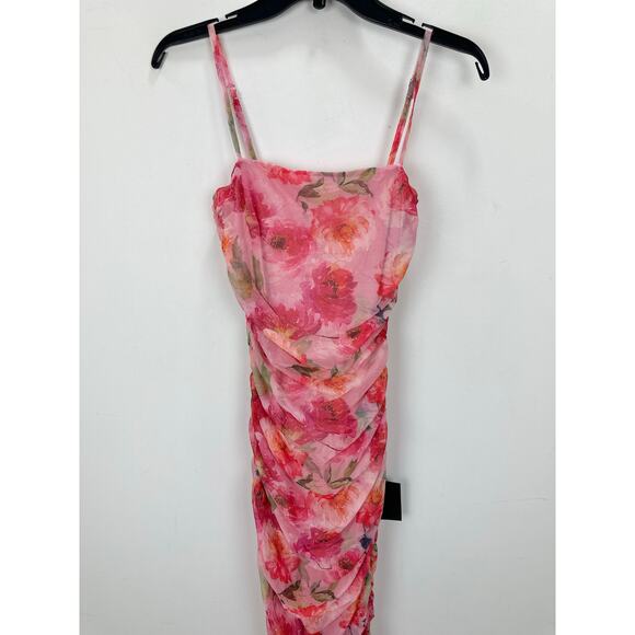 Lulus Blossoming Excellence Pink Floral Mesh Ruched Midi Dress Party XS NWT - Picture 6 of 11